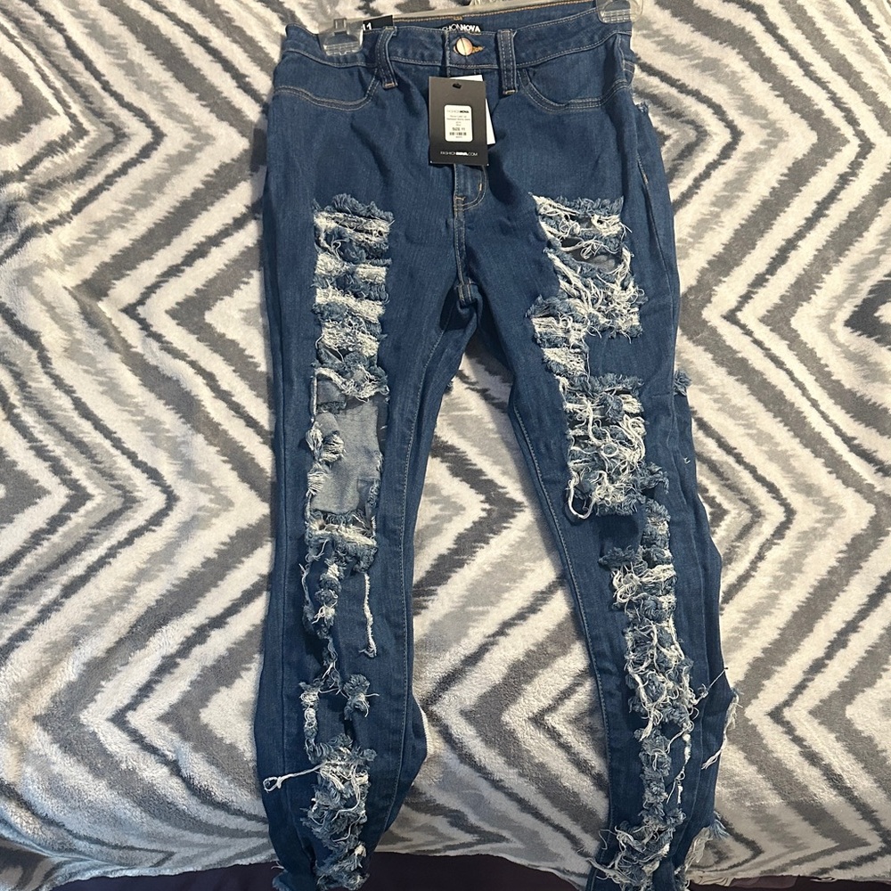 Fashion Nova Ripped Dark Blue Skinny Jeans